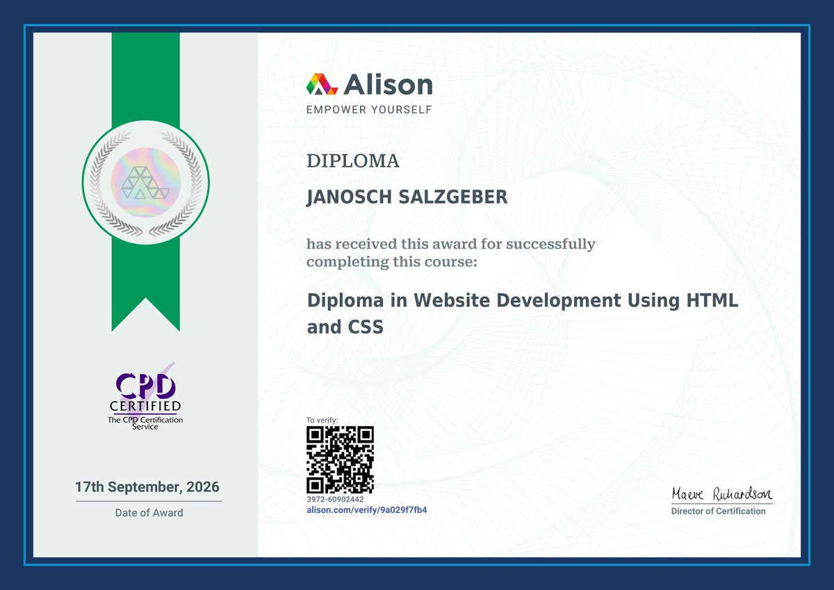 Diploma in Website Development Using HTML and CSS, ausgestellt von Alison an Janosch Salzgeber am 17. September 2026